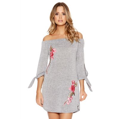Quiz Grey Light Knit Embroidered 3/4 Sleeve Tunic Dress